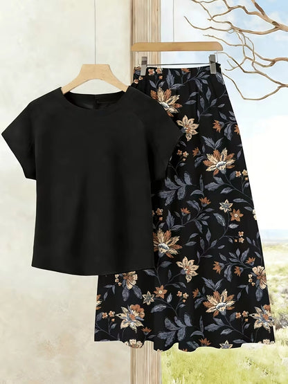 Women's Summer Casual Skirt Co-Ord Set | Solid Top & Printed Skirt 2-Piece Outfit