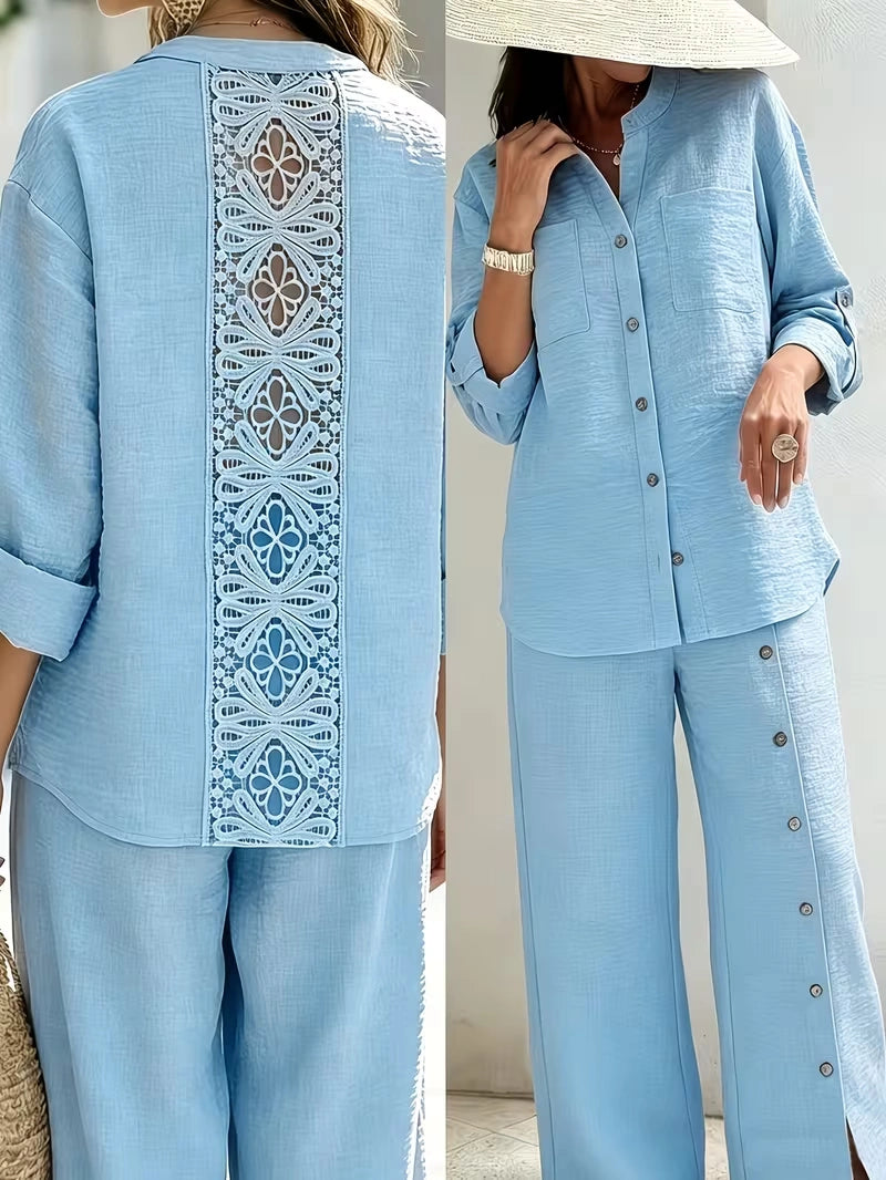 Elegant Lace Back Co-Ord Set – Relaxed Shirt & Wide-Leg Pants for Effortless Style