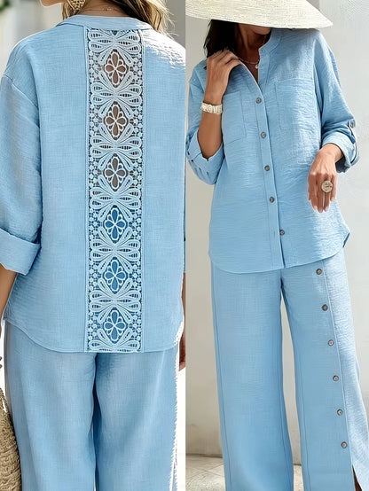 Elegant Lace Back Co-Ord Set – Relaxed Shirt & Wide-Leg Pants for Effortless Style