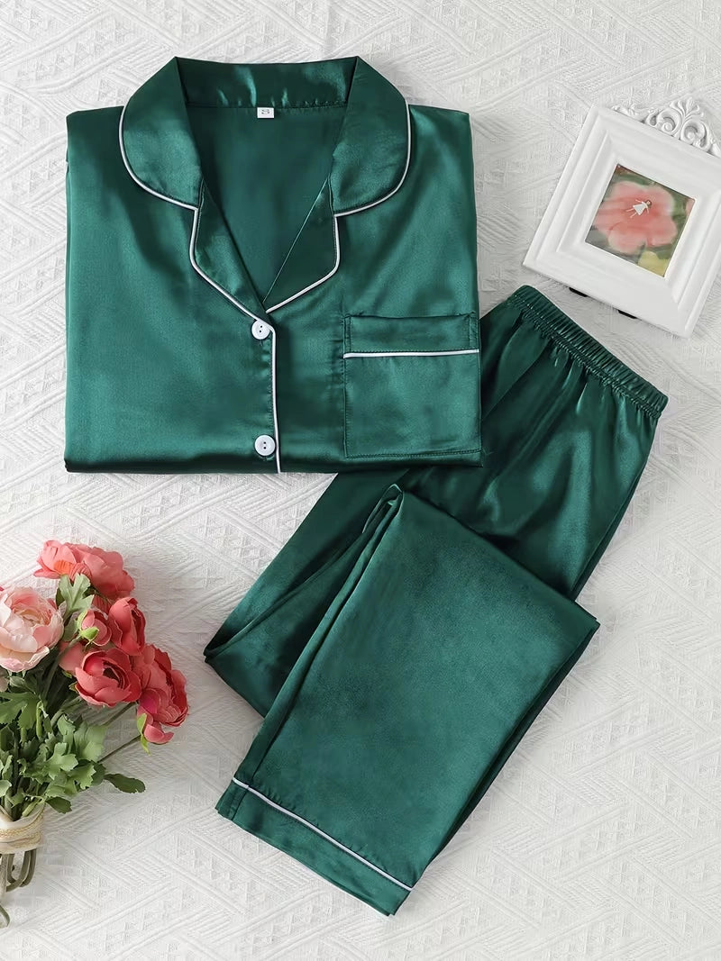 Women's 2-Piece Satin Stripe Pajama Set with Button-Up Shirt & Relaxed Shorts