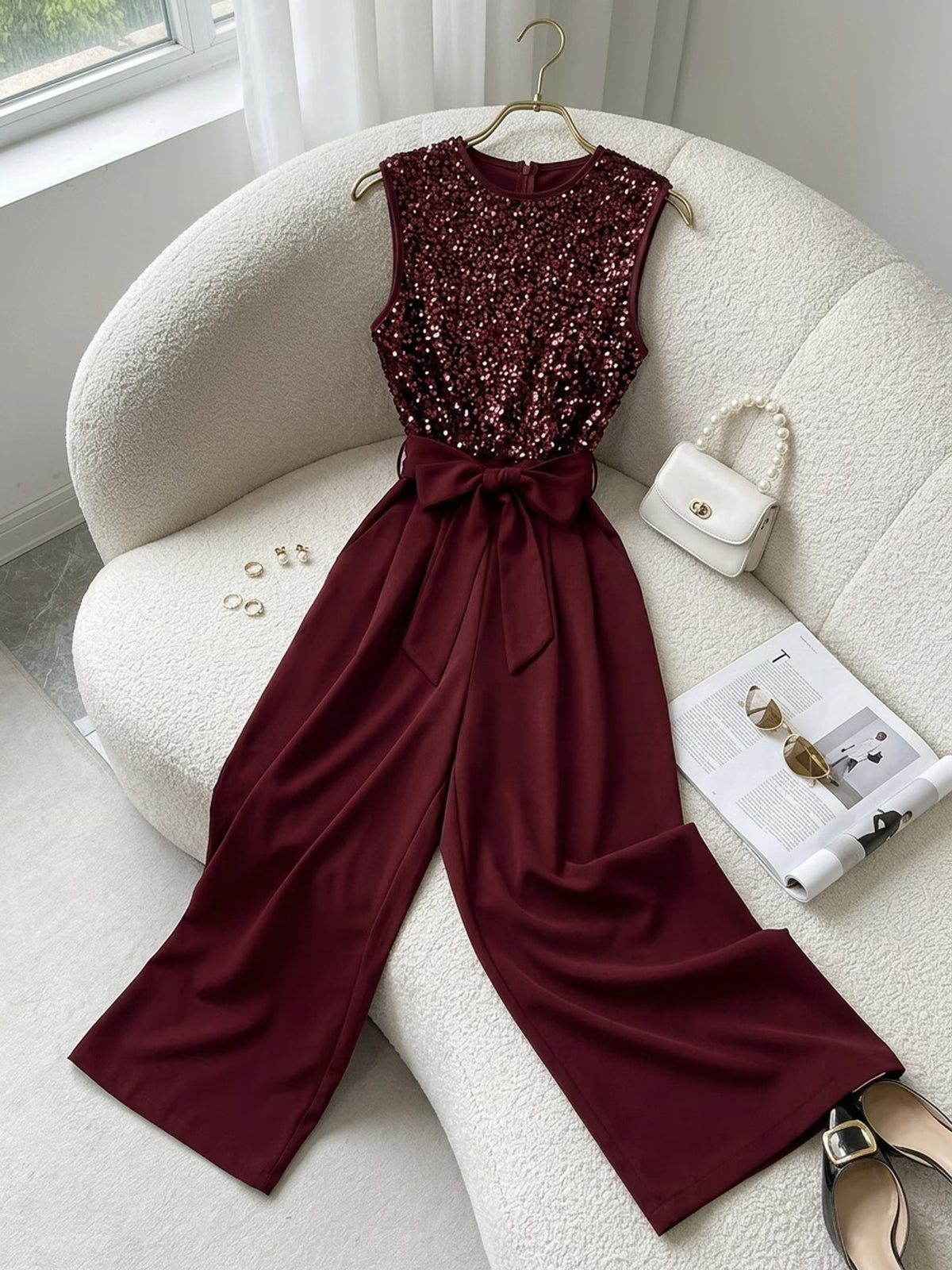 Women’s Maroon Sequin Top & Wide-Leg Palazzo Pants Set