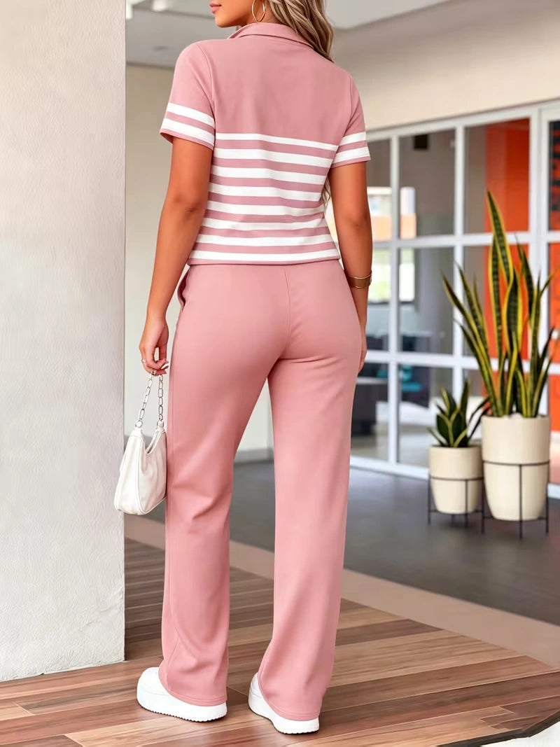 Women's Summer Striped Casual Co-Ord Set | Half-Zip Polo Top & Wide-Leg Pants 2-Piece Outfit