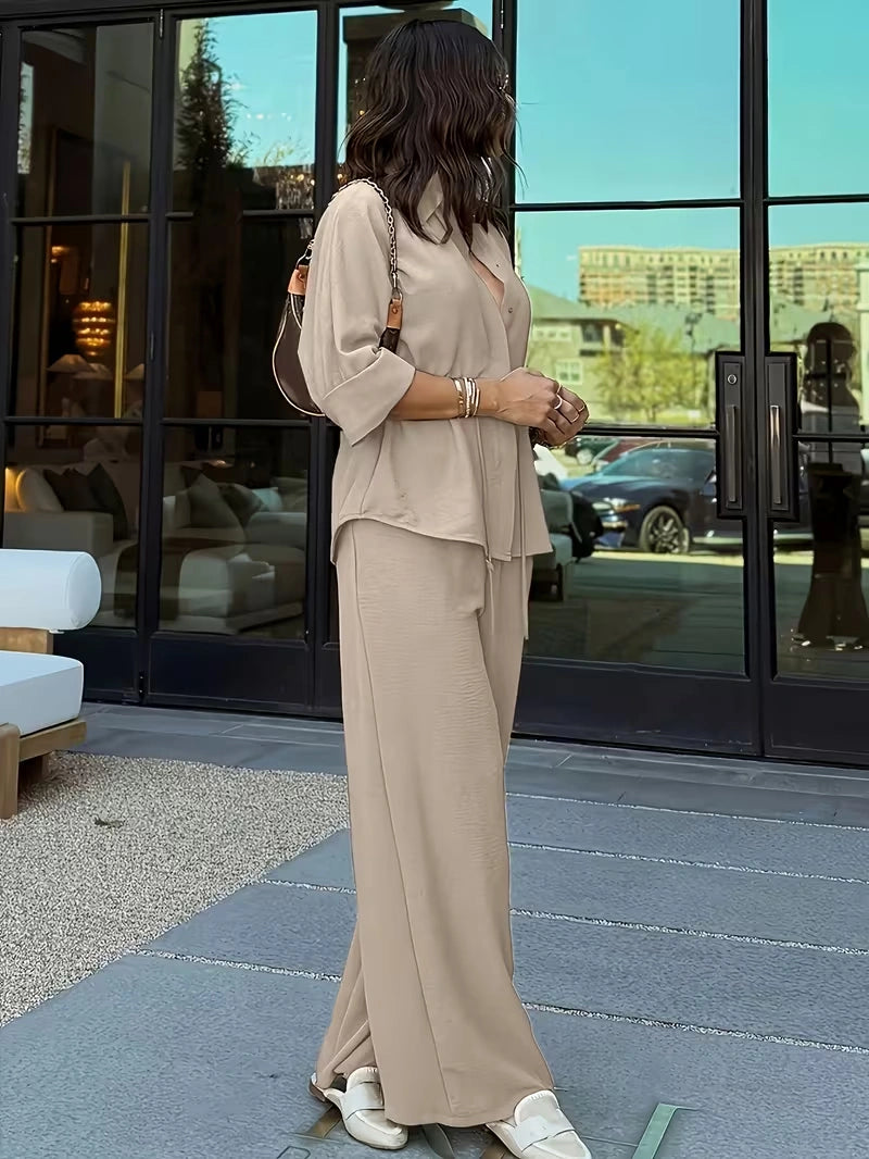 Relaxed Drawstring Co-Ord Set – Lapel Long Sleeve Top & Wide-Leg Pants