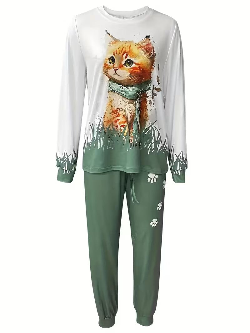 Women's Plus Size Cat Print Casual 2-Piece Outfit | Long Sleeve Crew Neck Top & High Waist Lace-Up Pants | Spring & Autumn Co-Ord Set