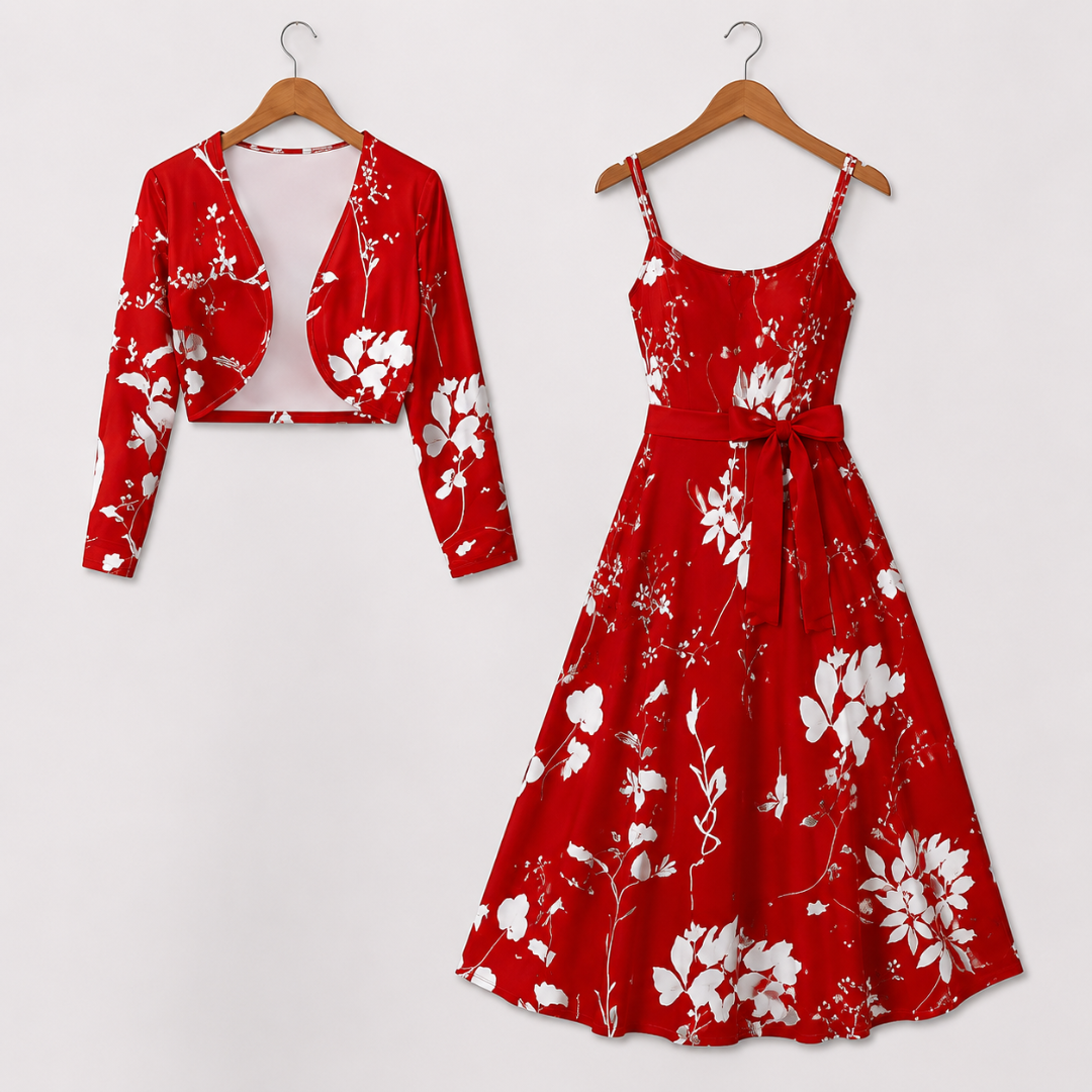 Women's Floral Printed Party Wear Midi Dress with Matching Shrug