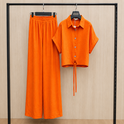 Women's Solid Button-Down Crop Shirt & Wide Leg Pants Co-Ord Set