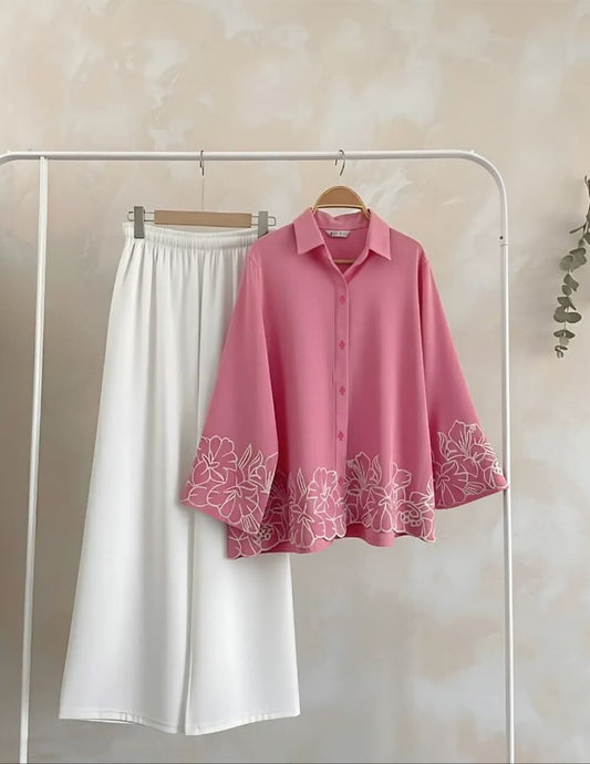 Women’s Floral Embroidered Shirt & Wide-Leg Pants Co-Ord Set