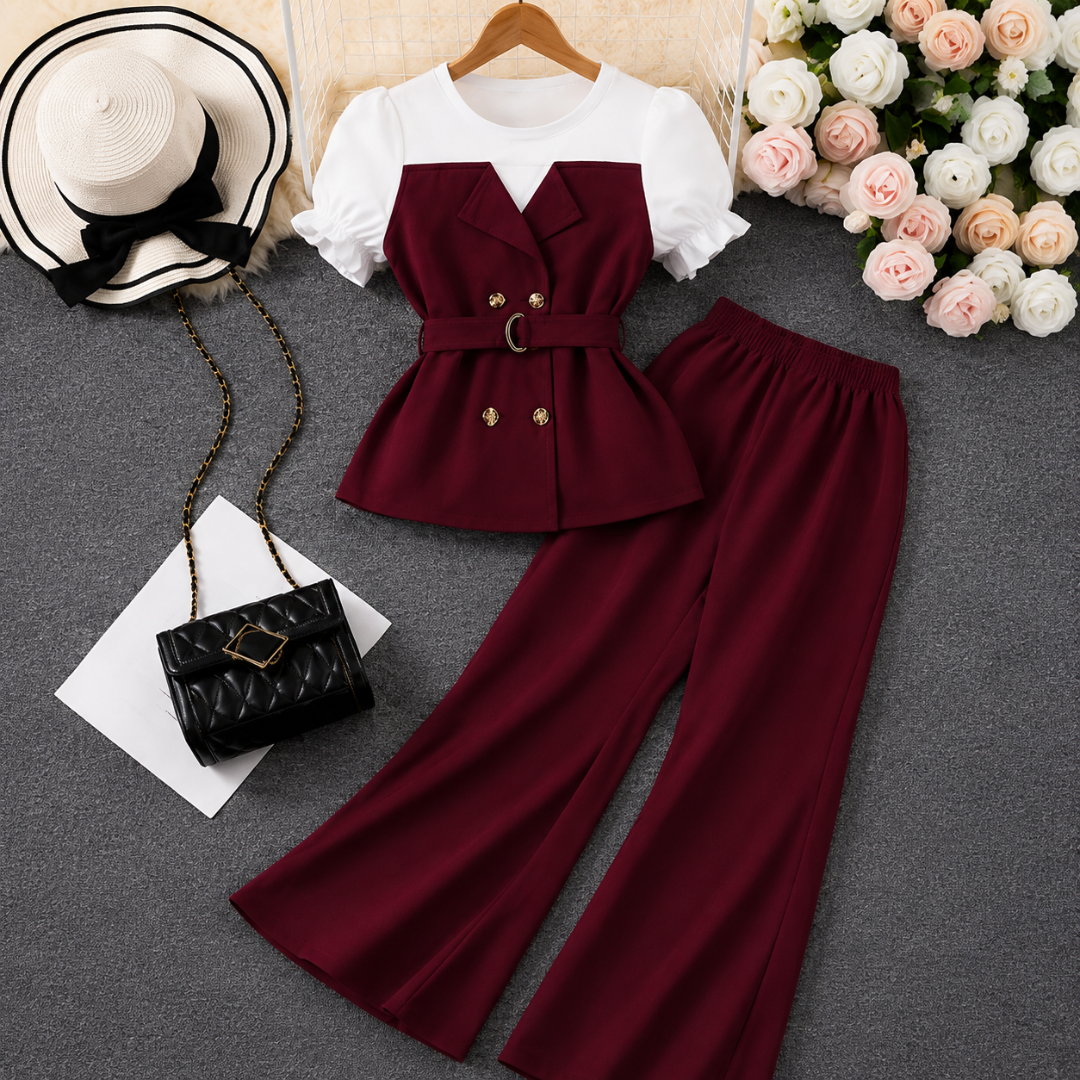 Women's Elegant Puff Sleeve Belted Blazer Top & Wide Leg Pants Co-Ord Set