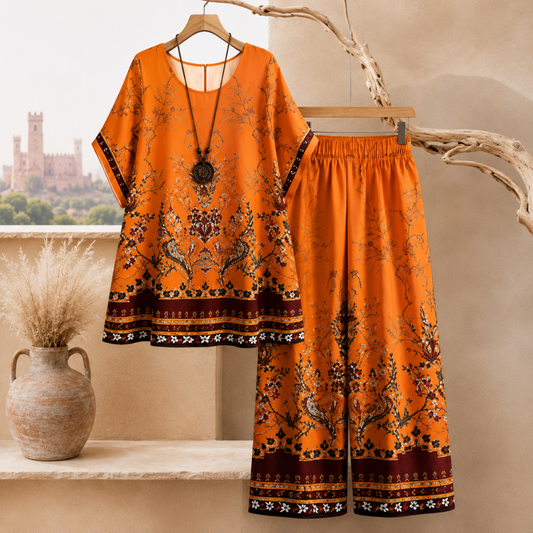 Women's Vintage Floral Print Oversized Top & Wide Leg Pants Co-Ord Set