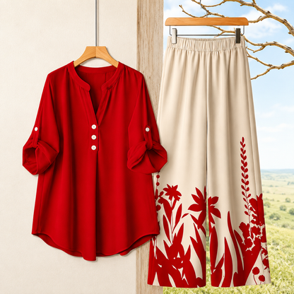 Women's Minimalist Button-Front Tunic Top & Floral Print Wide Leg Pants Co-Ord Set