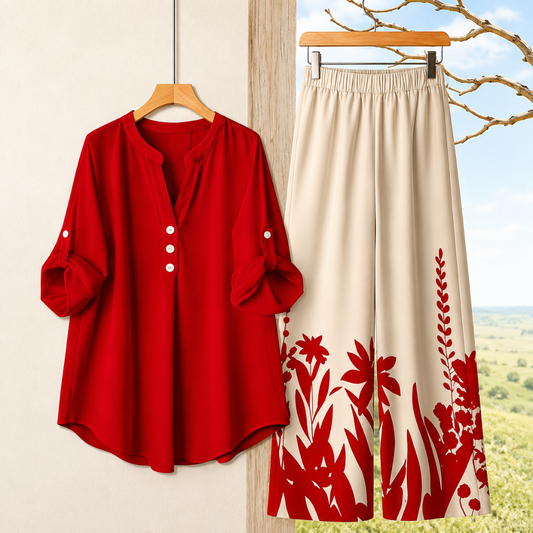 Women's Minimalist Button-Front Tunic Top & Floral Print Wide Leg Pants Co-Ord Set