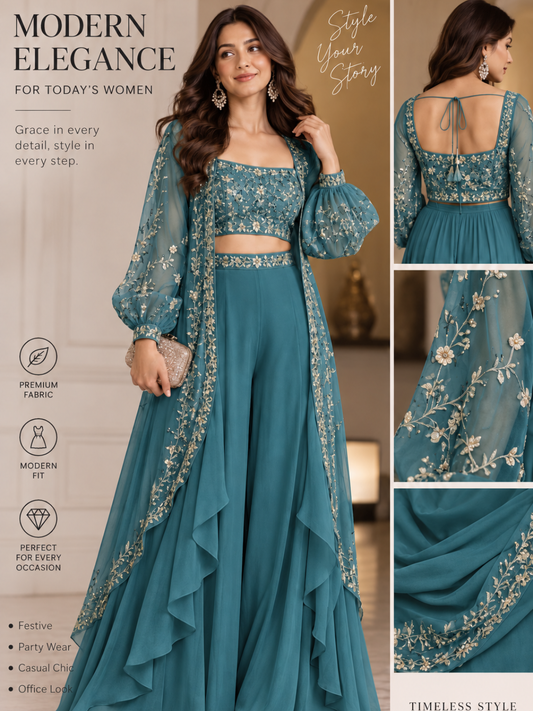 Ivory Luxe Embroidered Cape Palazzo Set | Modern 3-Piece Partywear