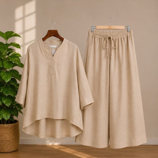 Elegant Black Kaftan Top & Wide-Leg Pants Set