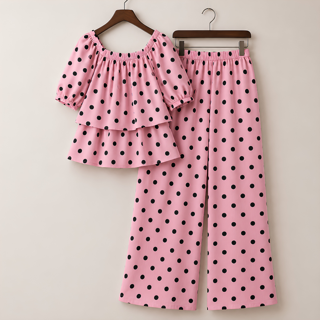 Women's Off-Shoulder Polka Dot Ruffle Top & Wide Leg Pants Co-Ord Set