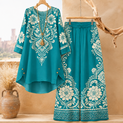 Women's Elegant Floral Printed Long Sleeve Tunic Top & Wide Leg Pants Co-Ord Set