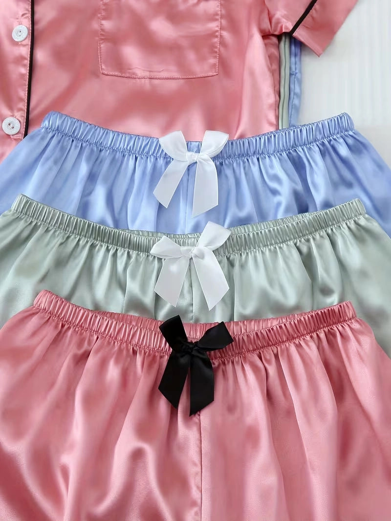 Women's 3-Piece Satin Pajama Set with Button-Up Shirt & Relaxed Shorts