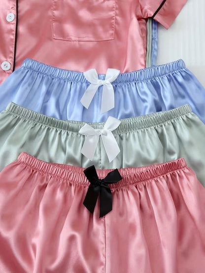 Women's 3-Piece Satin Pajama Set with Button-Up Shirt & Relaxed Shorts