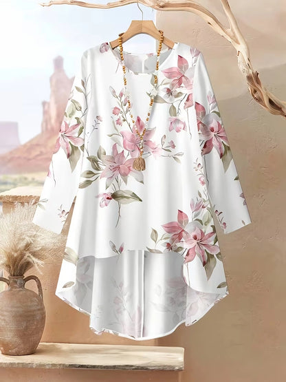 Plus Size Floral Elegance Co-Ord Set with Asymmetrical Tunic & Wide-Leg Pants