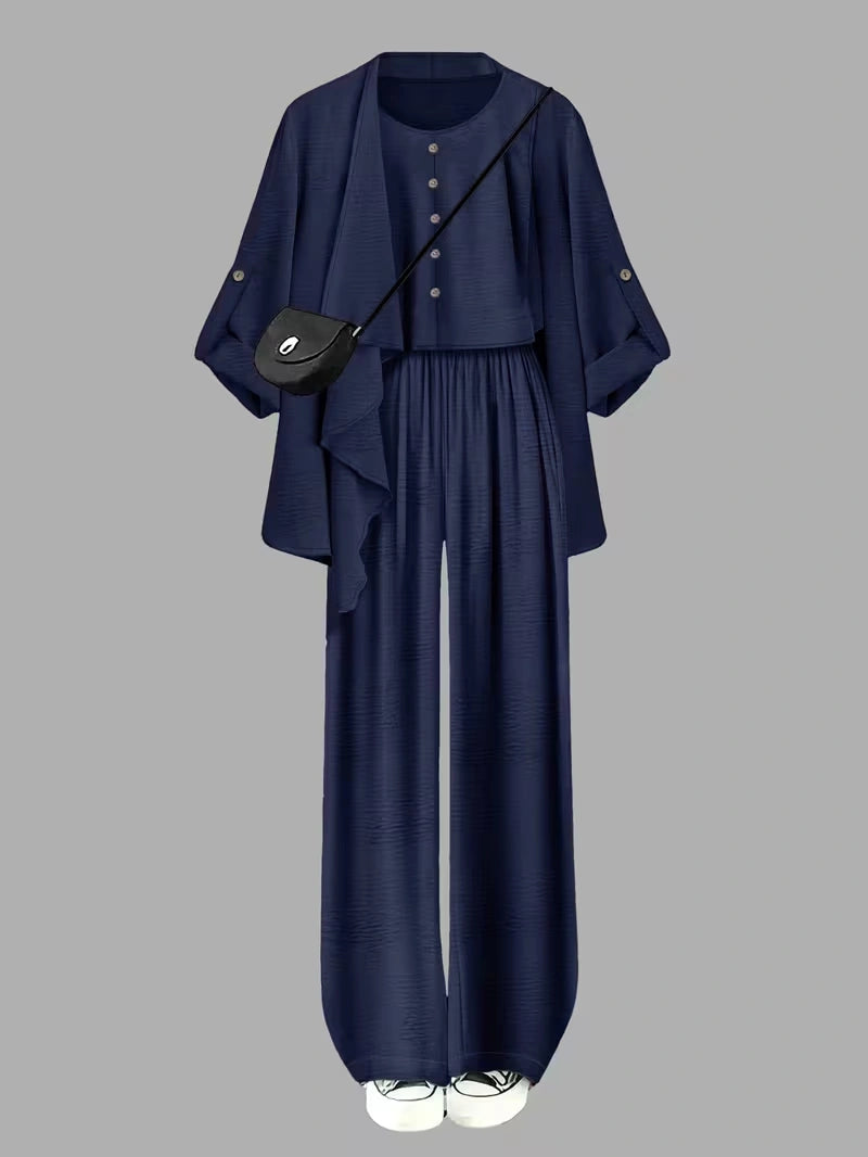 Elegant 3-Piece Co-Ord Set – Cardigan Jacket, Sleeveless Top & Relaxed Pants