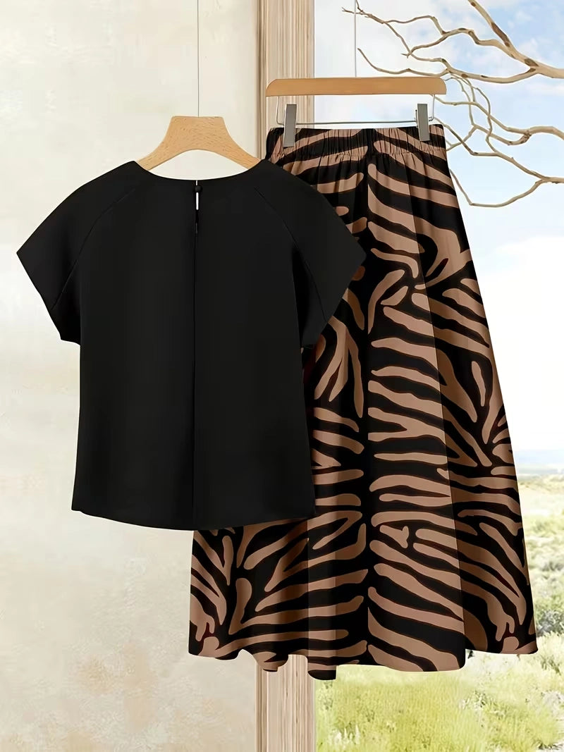 Women's Summer Casual Skirt Co-Ord Set | Solid Top & Printed Skirt 2-Piece Outfit