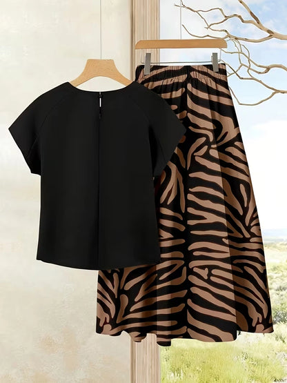 Women's Summer Casual Skirt Co-Ord Set | Solid Top & Printed Skirt 2-Piece Outfit