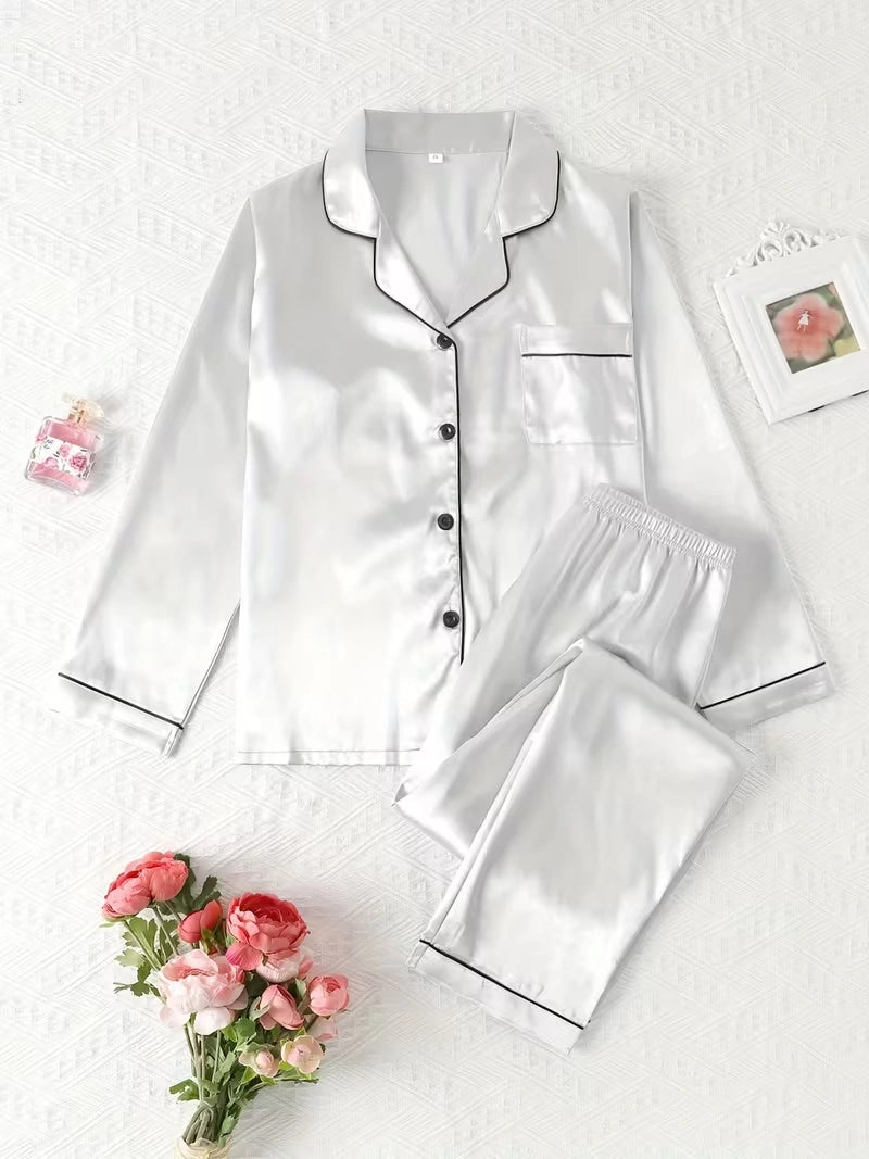 Women's 2-Piece Satin Stripe Pajama Set with Button-Up Shirt & Relaxed Shorts
