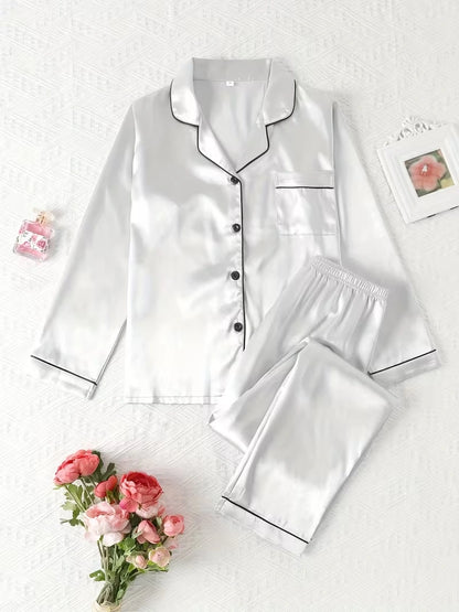 Women's 2-Piece Satin Stripe Pajama Set with Button-Up Shirt & Relaxed Shorts