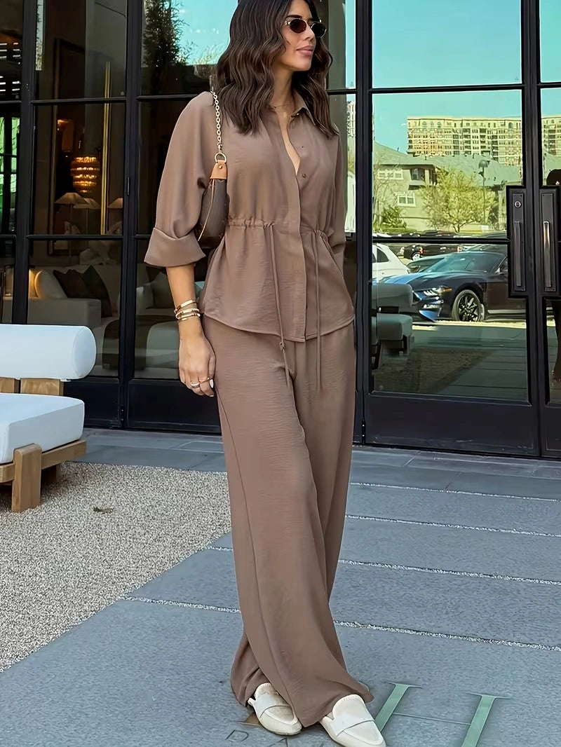 Relaxed Drawstring Co-Ord Set – Lapel Long Sleeve Top & Wide-Leg Pants