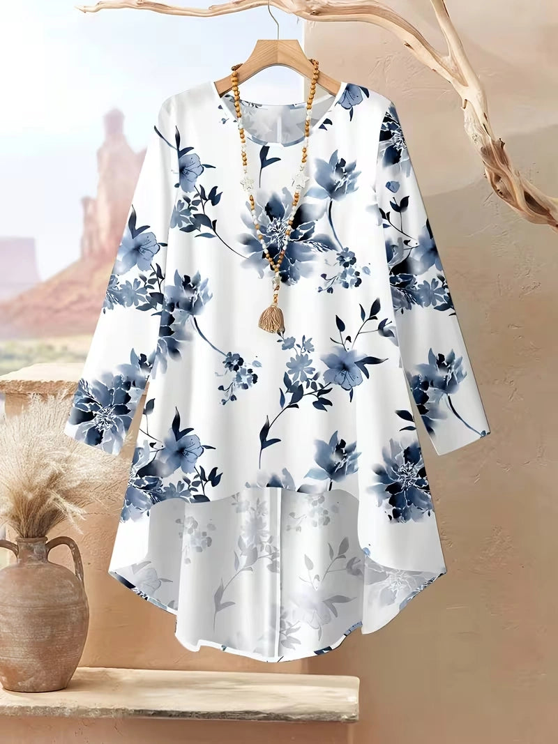Plus Size Floral Elegance Co-Ord Set with Asymmetrical Tunic & Wide-Leg Pants