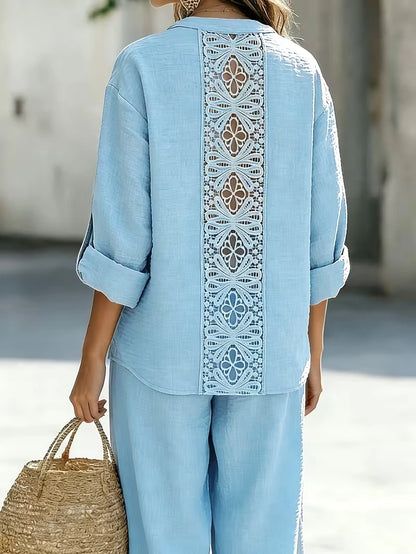 Elegant Lace Back Co-Ord Set – Relaxed Shirt & Wide-Leg Pants for Effortless Style