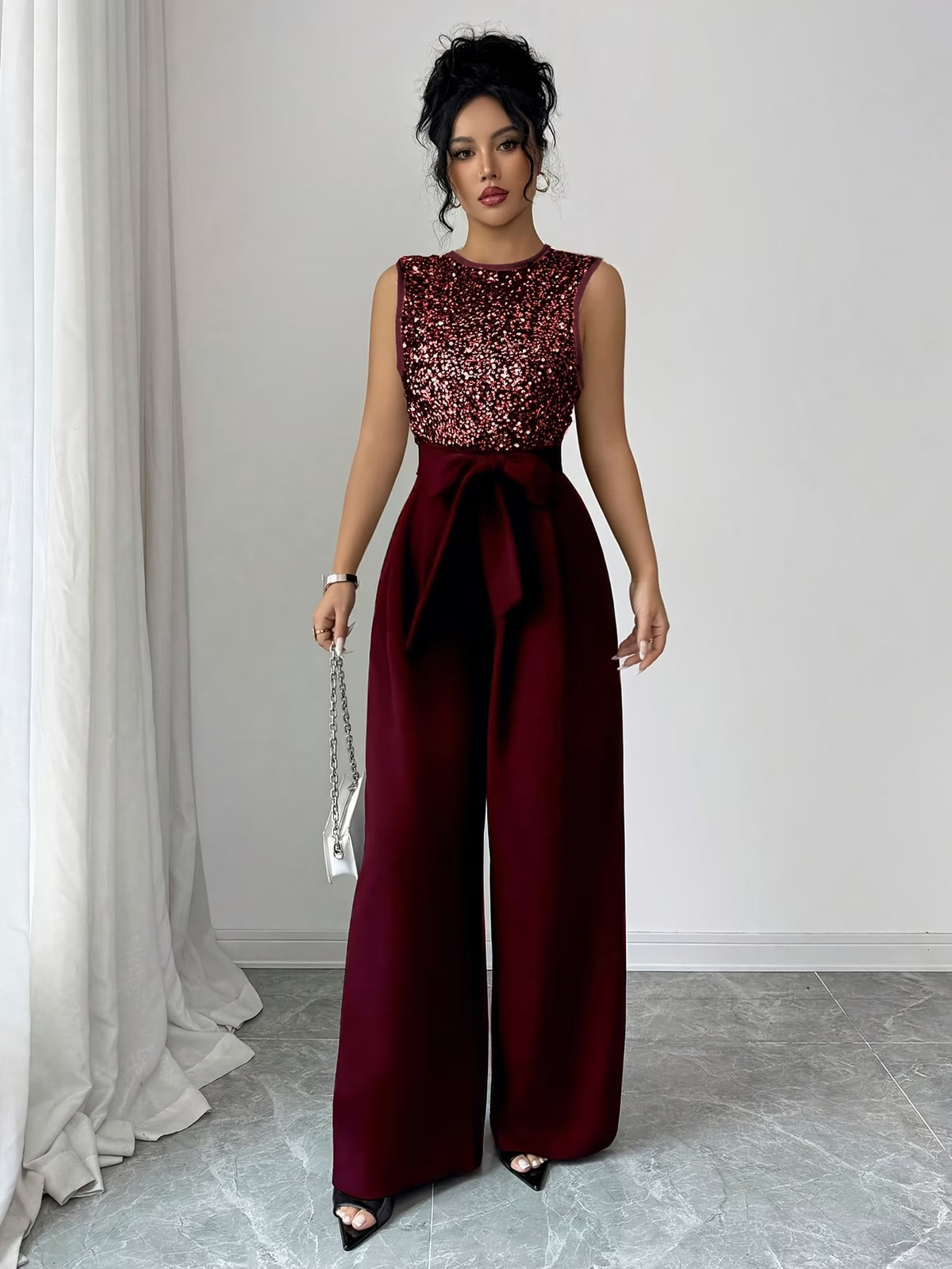Women’s Maroon Sequin Top & Wide-Leg Palazzo Pants Set