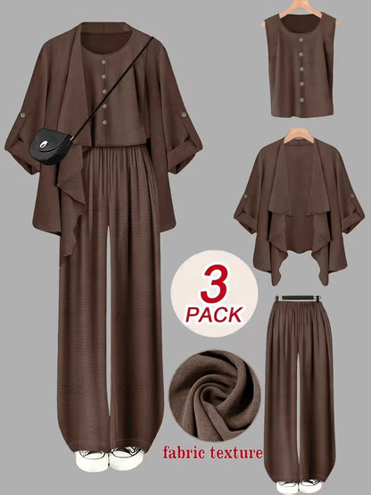 Elegant 3-Piece Co-Ord Set – Cardigan Jacket, Sleeveless Top & Relaxed Pants