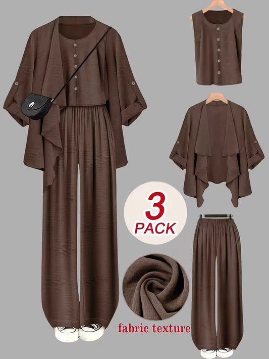 Elegant 3-Piece Co-Ord Set – Cardigan Jacket, Sleeveless Top & Relaxed Pants