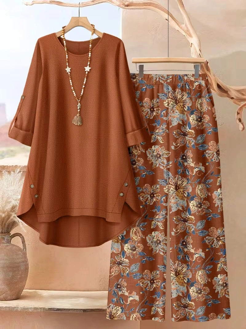 Plus Size Floral Elegance Co-Ord Set with Asymmetrical Tunic & Wide-Leg Pants