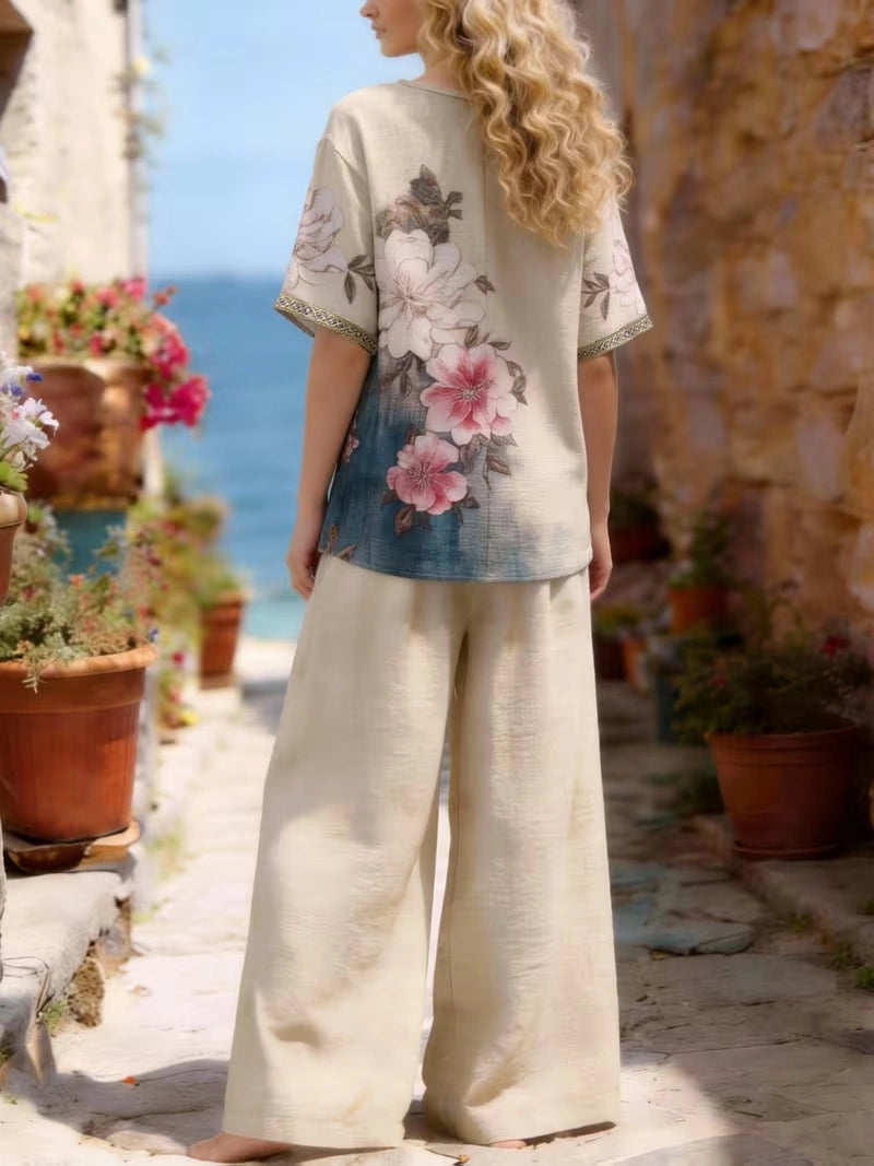 Women's Vintage Floral Wide-Leg Co-Ord Set – Elegant 2-Piece Outfit