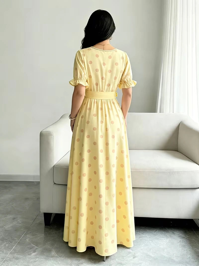 Women's Timeless Polka Dot Midi Dress – Puff Sleeve Belted Fit & Flare Dress