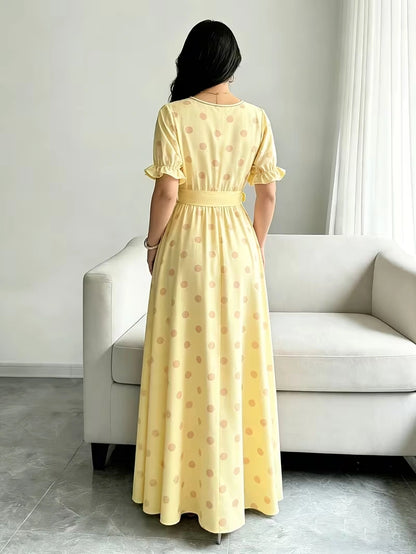 Women's Timeless Polka Dot Midi Dress – Puff Sleeve Belted Fit & Flare Dress