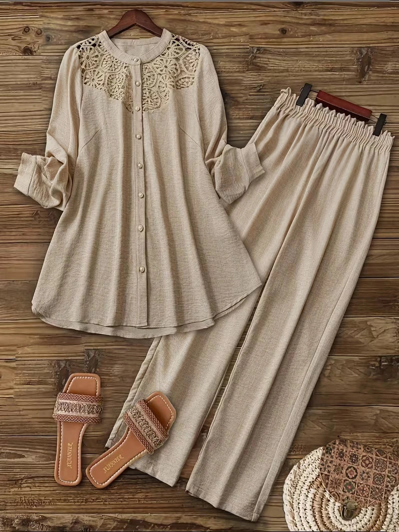 Elegant Lace Back Co-Ord Set – Relaxed Shirt & Wide-Leg Pants for Effortless Style