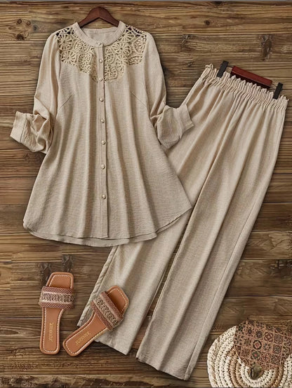 Elegant Lace Back Co-Ord Set – Relaxed Shirt & Wide-Leg Pants for Effortless Style