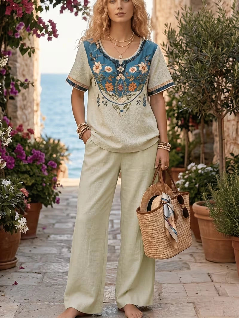 Women's Vintage Floral Wide-Leg Co-Ord Set – Elegant 2-Piece Outfit