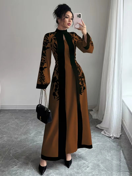 Women's Elegant Floral Print Maxi Dress | Long Sleeve A-Line Party & Evening Dress