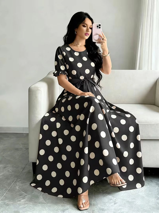 Women's Timeless Polka Dot Midi Dress – Puff Sleeve Belted Fit & Flare Dress