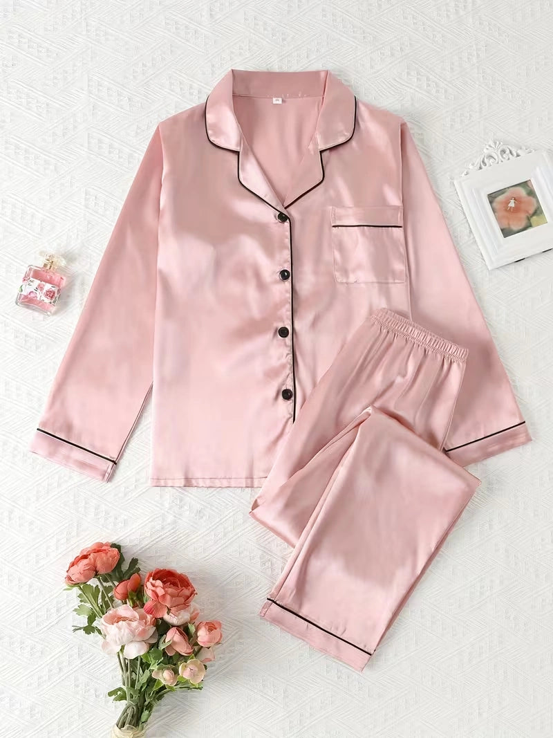 Women's 2-Piece Satin Stripe Pajama Set with Button-Up Shirt & Relaxed Shorts