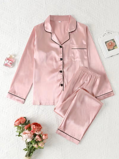 Women's 2-Piece Satin Stripe Pajama Set with Button-Up Shirt & Relaxed Shorts