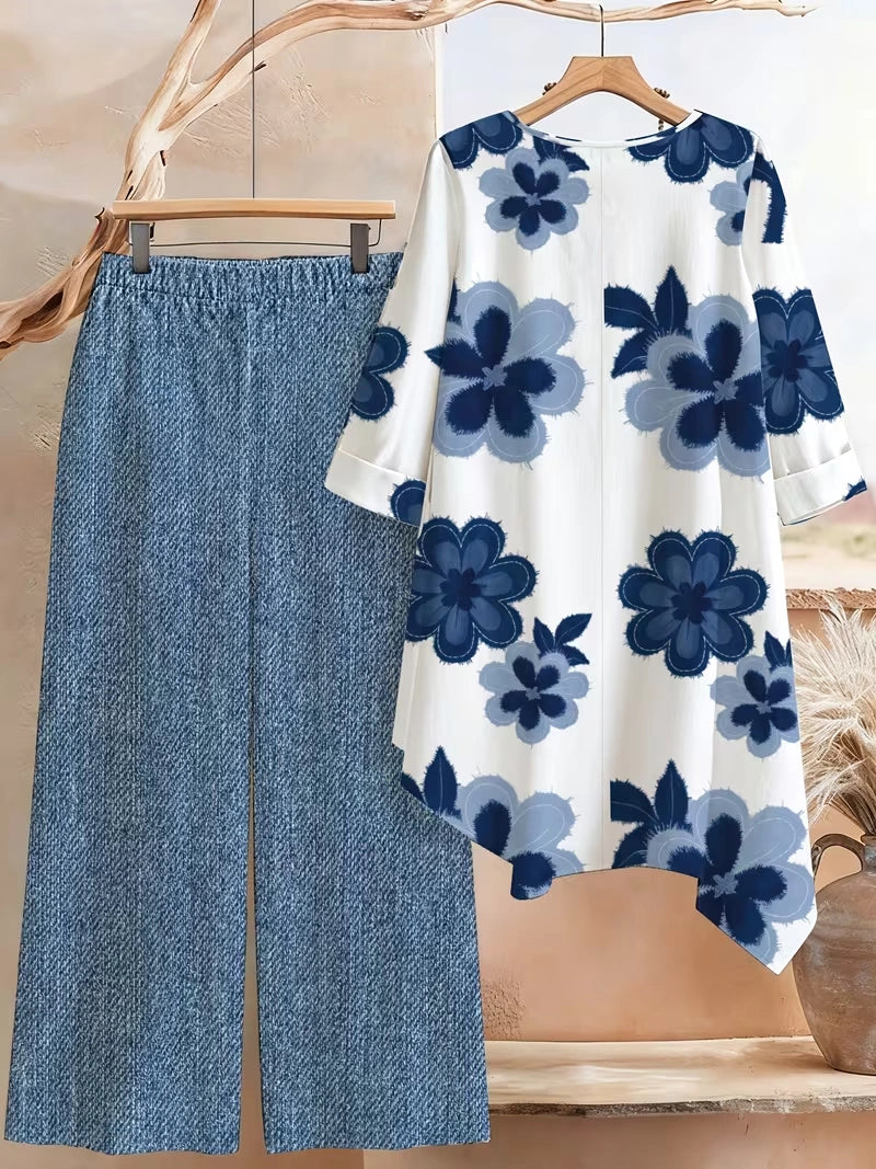 Plus Size Floral Elegance Co-Ord Set with Asymmetrical Tunic & Wide-Leg Pants