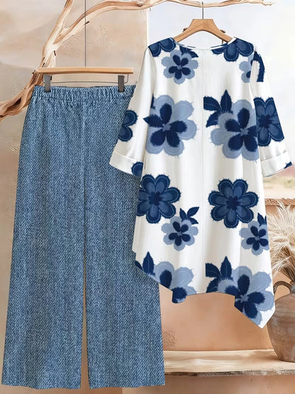 Plus Size Floral Elegance Co-Ord Set with Asymmetrical Tunic & Wide-Leg Pants