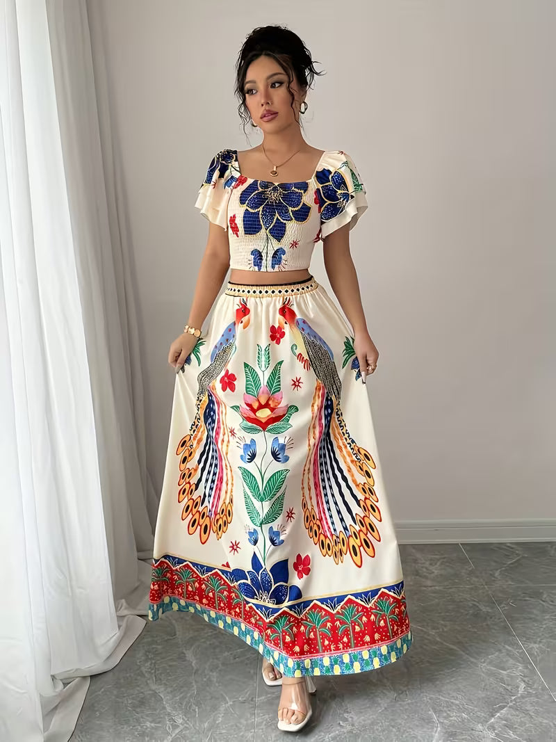 Women’s  Ruched Crop Top & Maxi Skirt Co-Ord Set