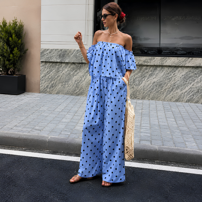 Women's Off-Shoulder Polka Dot Ruffle Top & Wide Leg Pants Co-Ord Set
