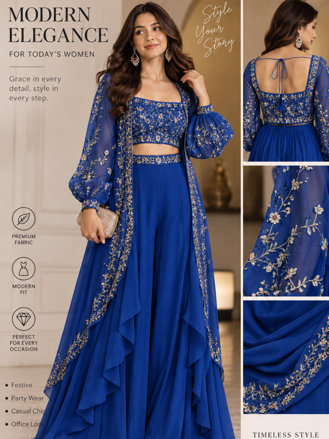 Ivory Luxe Embroidered Cape Palazzo Set | Modern 3-Piece Partywear