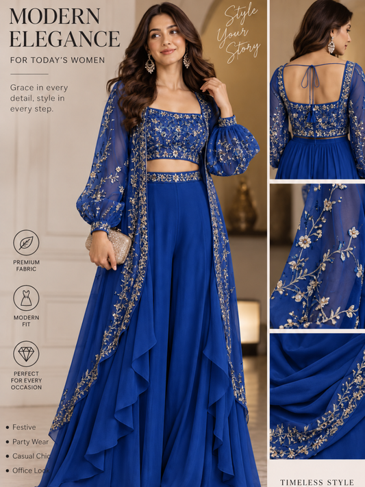 Ivory Luxe Embroidered Cape Palazzo Set | Modern 3-Piece Partywear